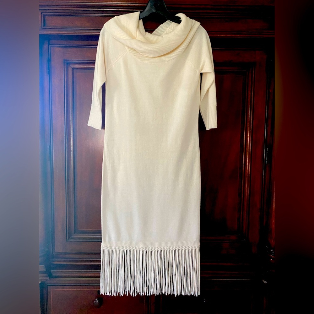 Elegant Cream Sweater Dress with Fringe